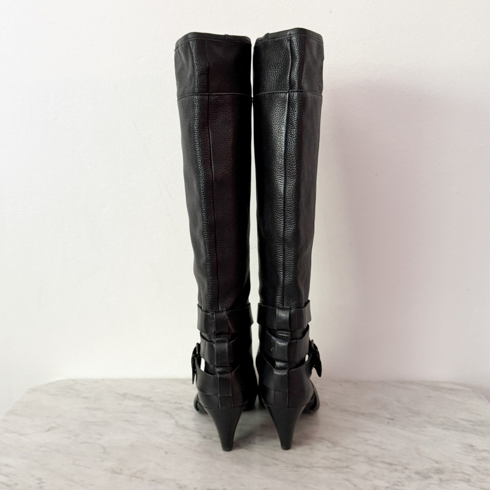 Cynthia Rowley Lainey Tall Buckle Boots 37 Black Pebbled Leather Cone Heel - Picture 6 of 9